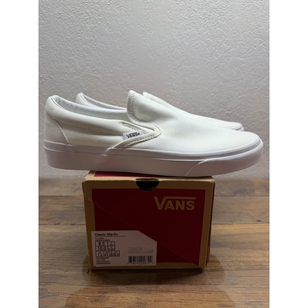 Vans Classic Slip-On True White Canvas Skate Shoes Mens 8.5 Womens 10